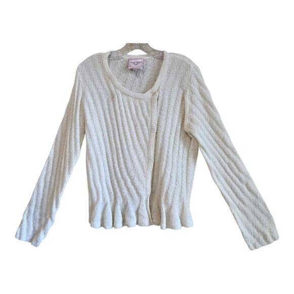 ROMEO & JULIET COUTURE L Cardigan Sweater Cream Ruffle Wool Blend Fairytale 40" - Picture 1 of 9